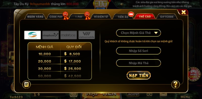 Nạp tiền lần đầu vào cổng game Hit Club 